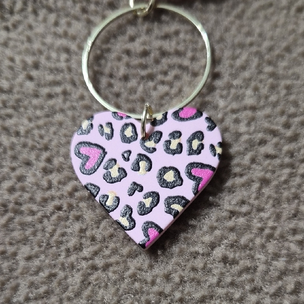 Pink Leopard Heart Earrings With Gold Dangle Hoop - Picture 2 of 5